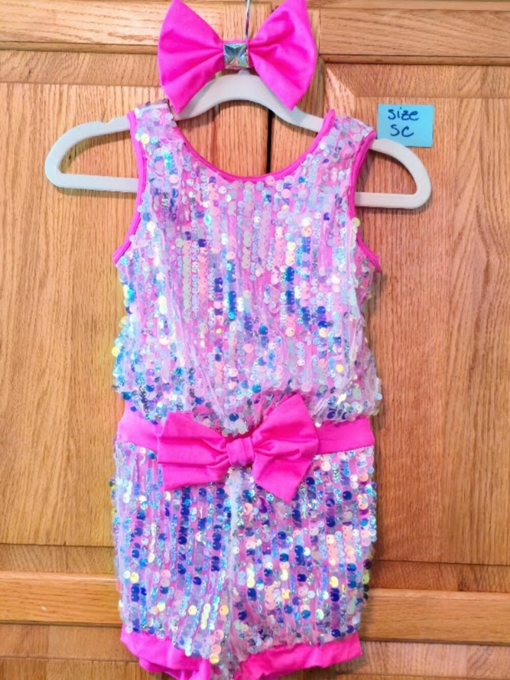 Weissman 12965 Pink Iridescent Sequin Dance Costume CS Child + Bow